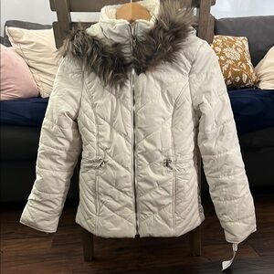 Maralyn & Me Cream Bomber Jacket with Faux Fur Trim